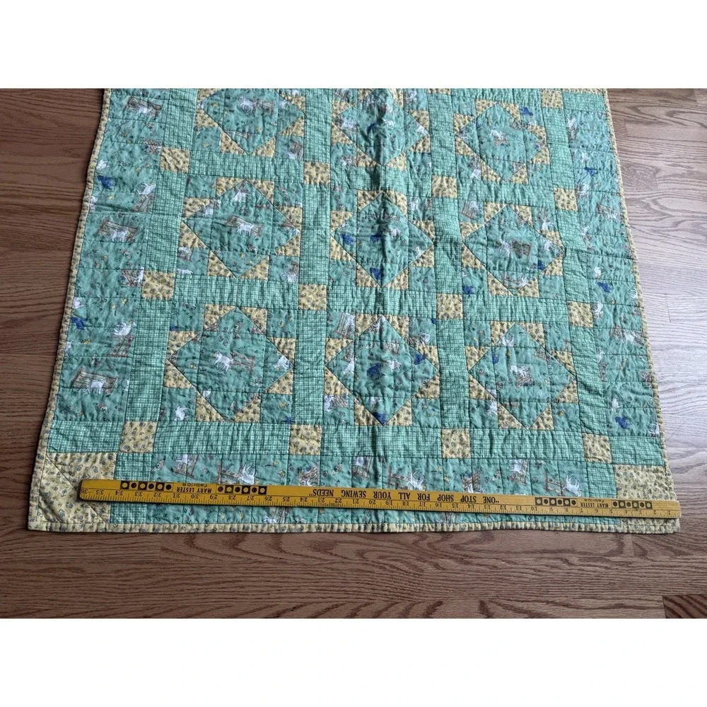 Vintage Baa Baa Black Sheep Baby Quilt Blanket‎ Green Yellow Plaid Nursery 39x39